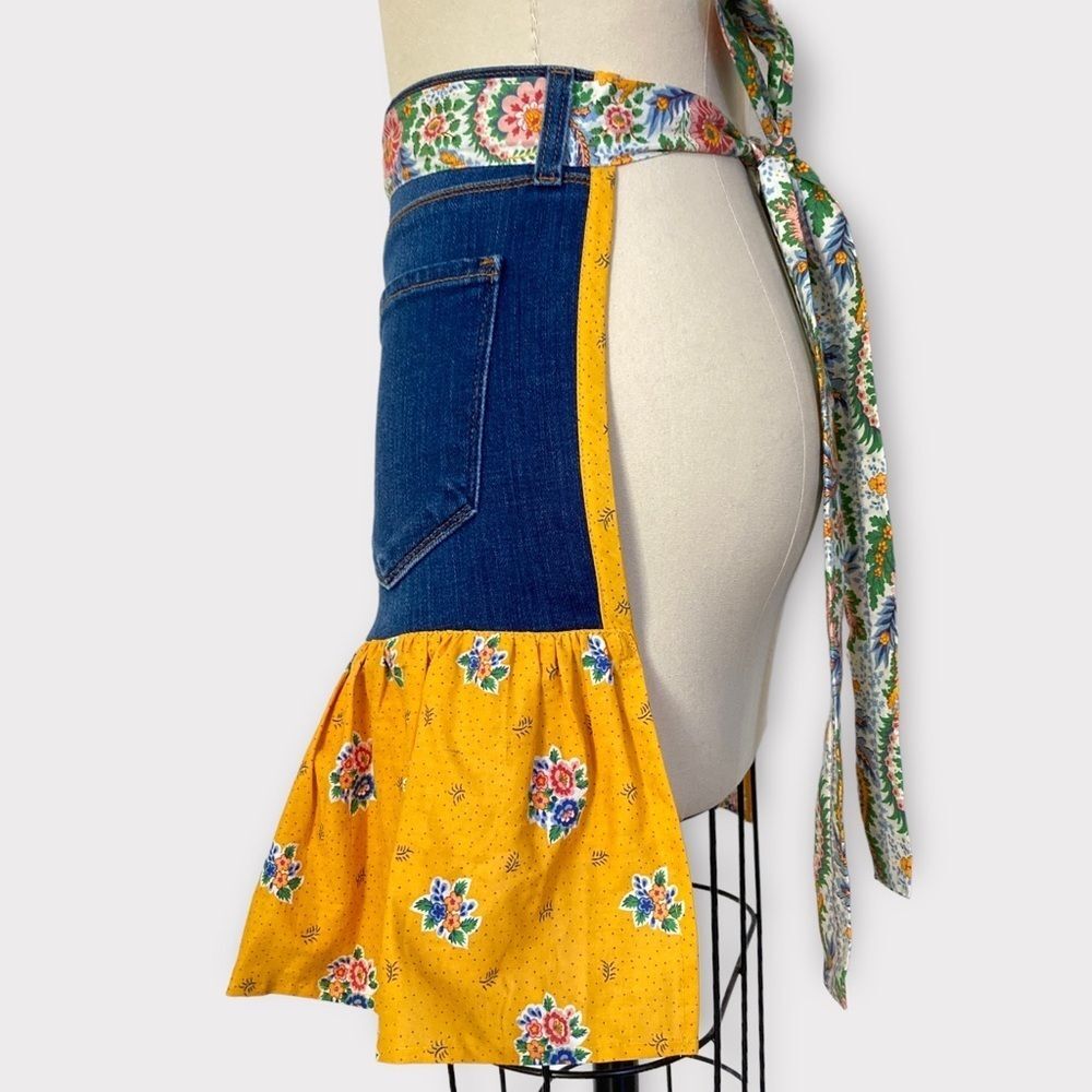 Upcycled Apron‎ Denim with Floral Print Ruffle Tie Farmhouse Cottagecore Country